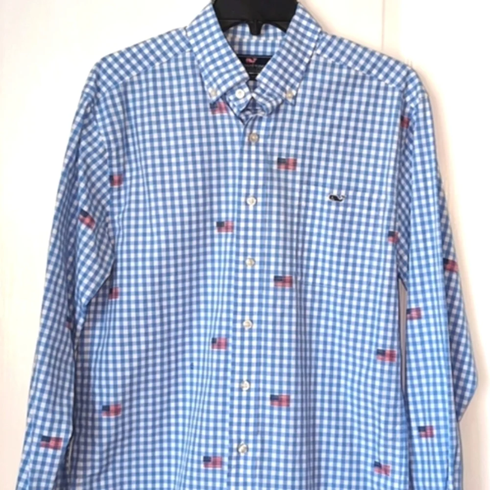 Vineyard Vines USA Flag Blue Check Tucker Shirt. Size Small - Picture 2 of 14